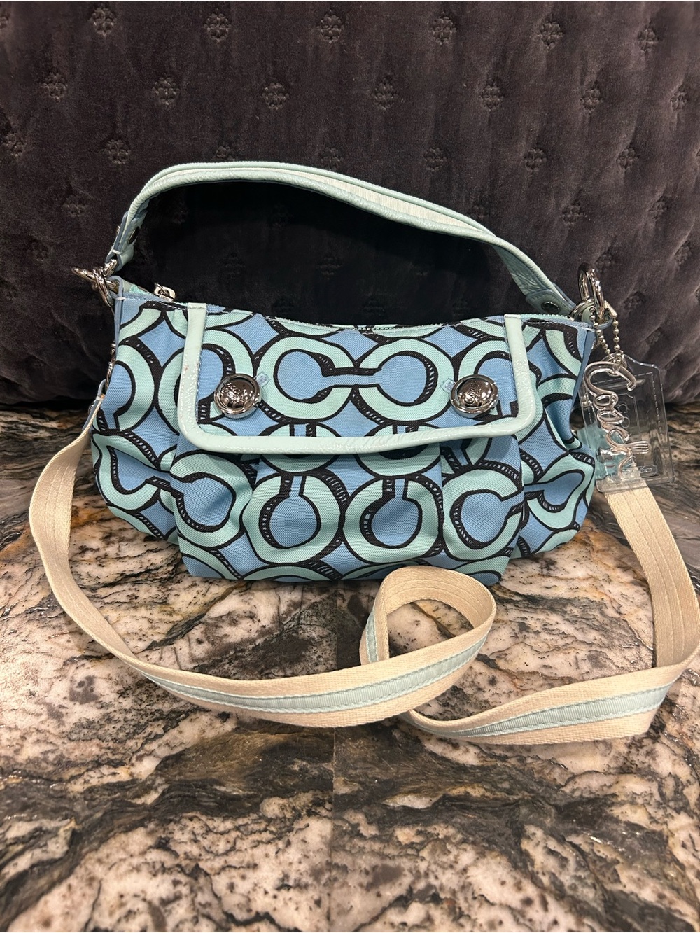 Coach Y2K Light-Blue and Black Poppy 3D Op Art Groovy Shoulder Bag